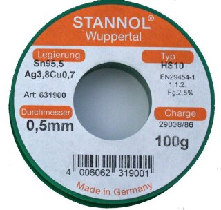 Muldental Lötzinn 0,5mm 100g - Sn95,5Ag3,8Cu0,7 RoHS konform - Made in Germany