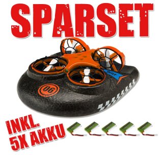 Amewi 25308 Trix - 3-IN-1 Drohne, Luftkissenfahrzeug orange + 5 Ersatz-Akkus