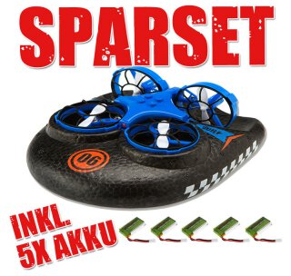 Amewi 25307 Trix - 3-IN-1 Drohne, Luftkissenfahrzeug blau + 5 Ersatz-Akkus