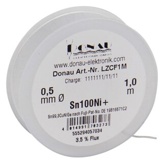 Donau Elektronik LZCF1M - Lötzinn "CLEAR" Ø0,5 mm Sn100Ni+ Klappspule 1m