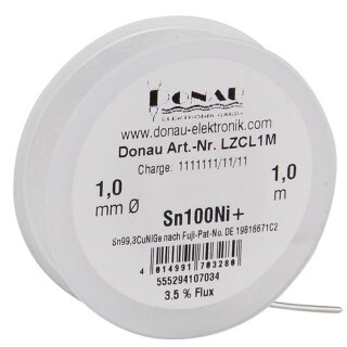 Donau Elektronik LZCL1M - Lötzinn "CLEAR" Ø1 mm Sn100Ni+ Klappspule 1m