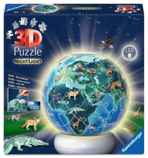 Ravensburger 08055 Puzzle-Ball Nachtlicht Erde mit Tiermotiven 3D Puzzle beleuchtet 72 Teile