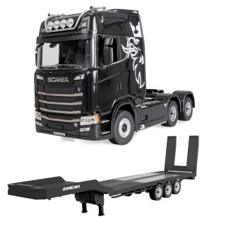 Amewi 22760 1:18 Scania 770 S Zugmaschine 6x4 RTR schwarz inkl. Tieflader-Sattelauflieger