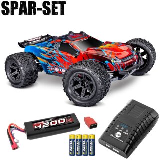 Traxxas 67464-4 Rustler 1:10 4x4 Stadium-Truck RTR VX3 BL rot - 2S Spar Set